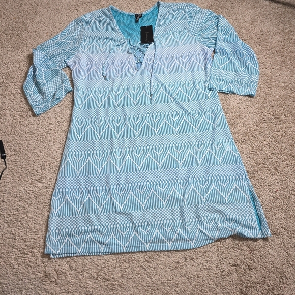 Portocruz Blue Ombré 3/4 Sleeve Lace Up Tunic Swimsuit Cover-up Beach Cruise XXL - Picture 2 of 11